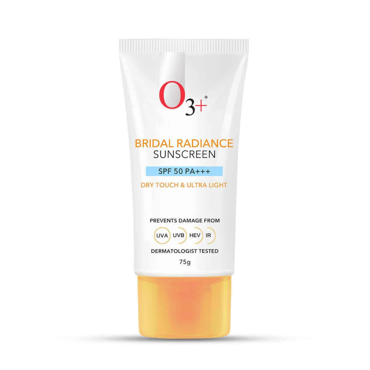 O3+ Bridal Radiance Sunscreen SPF 50 PA +++ Dry Touch & Ultra Light Non-greasy and leaves no white cast Prevents Damage From UVA | UVB | HEV | IR | Dermatologist Tested | 75g