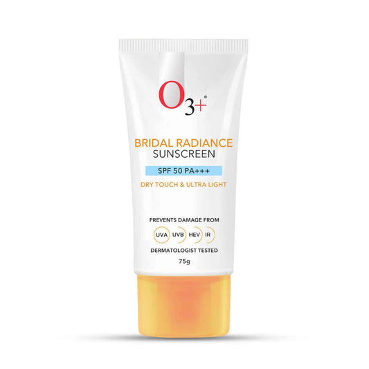 O3+ Bridal Radiance Sunscreen SPF 50 PA +++ Dry Touch & Ultra Light Non-greasy and leaves no white cast Prevents Damage From UVA | UVB | HEV | IR | Dermatologist Tested | 75g