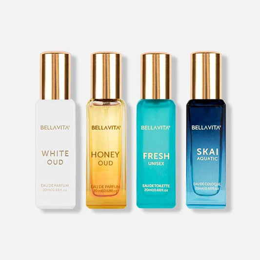 Bella Vita Luxury Unisex Eau De Parfum Gift Set 4 x 20ml for Men & Women with SKAI, FRESH, WHITEOUD, HONEY OUD Perfume|Long Lasting EDP Fragrance Scent