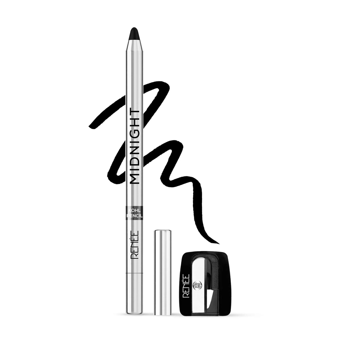 RENEE Midnight Kohl Pencil - Smudgeproof and Waterproof Kajal - 24 Hrs Long Stay - Darkest Black - One Swipe Application - Rich Color Payoff - Vitamin E, Olive Oil and Castor Oil - 1.5 Gm